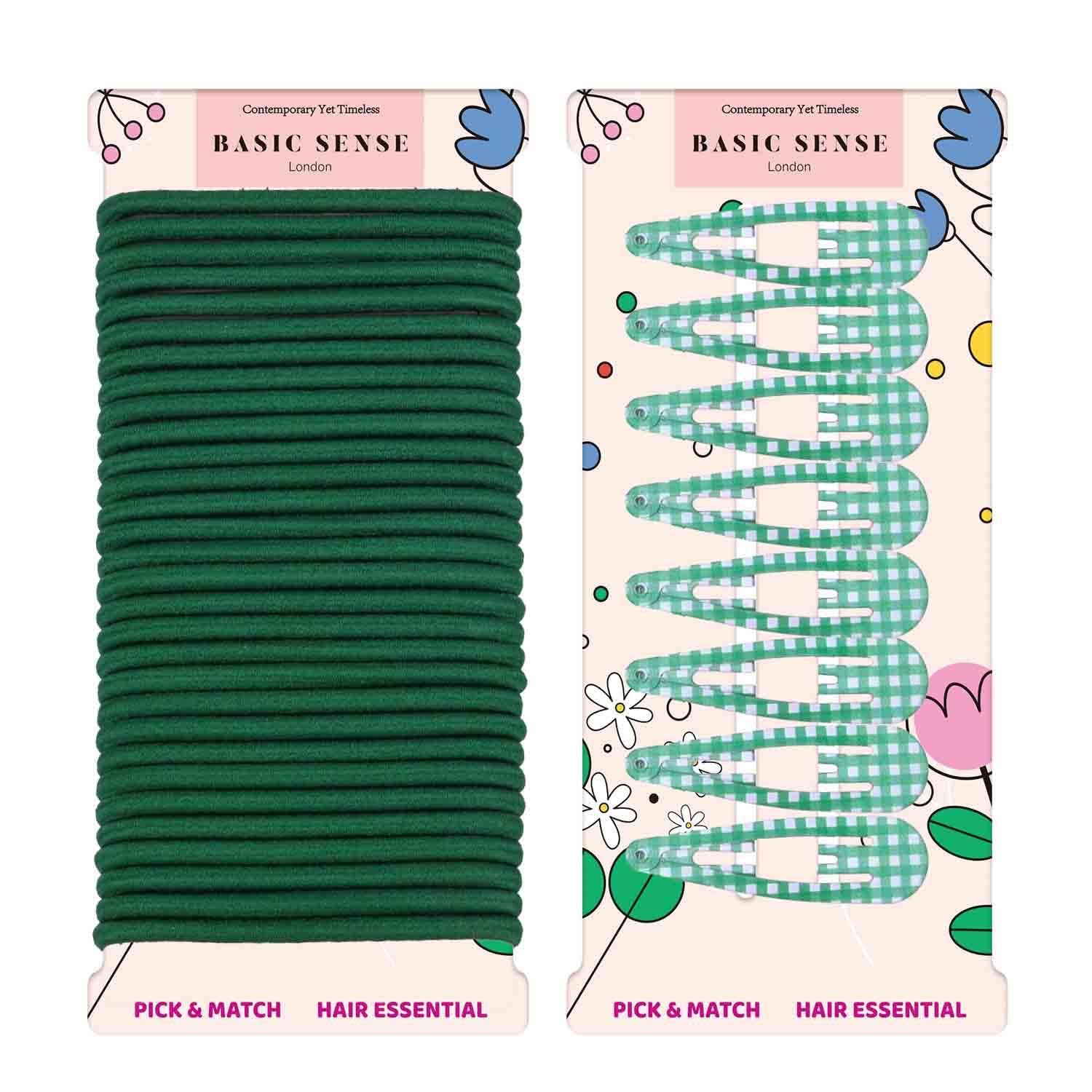 Basic Sense 38pcs Gingham Check Hair Accessories Set - Keep Her School Look Neat & Stylish (Snap Clips & Elastics), Dark Green