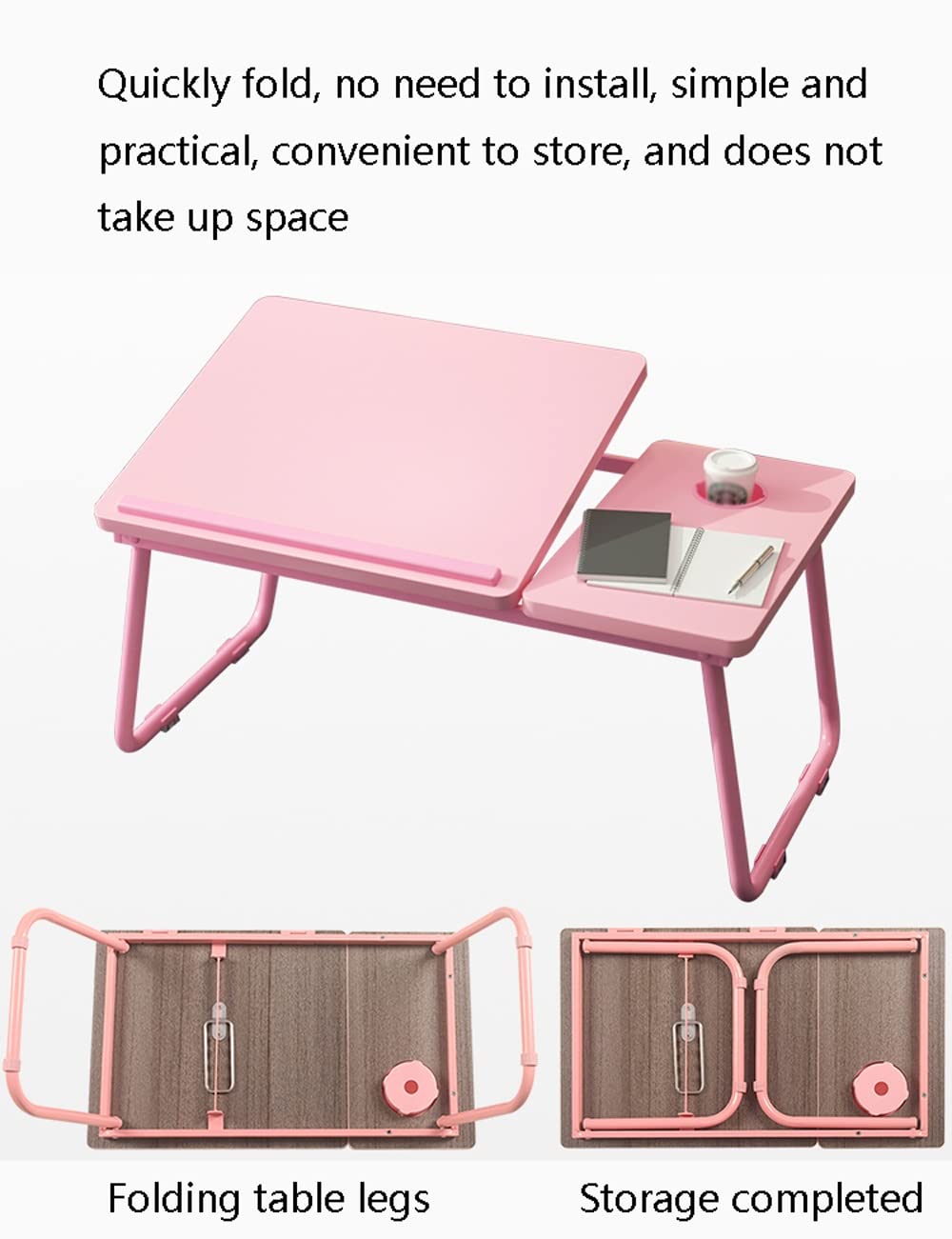 Tablette de lit multifonctionnelle réglable en Hauteur pour Ordinateur Portable, avec Porte-gobelet et Pieds Pliables, idéale pour écrire et Travailler (Noir, 27 Pouces).