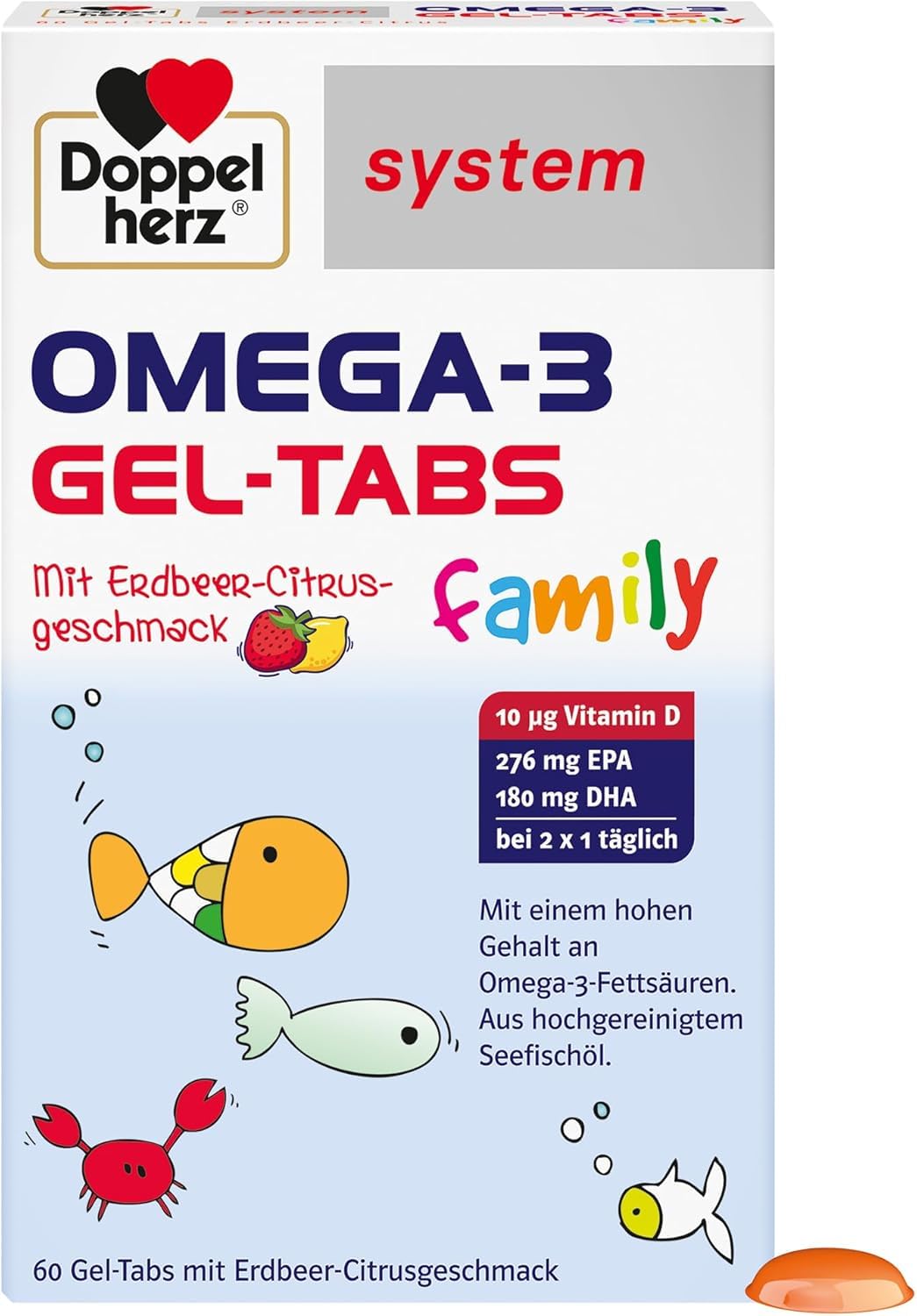 Doppelherz system OMEGA-3 family Gel Tabs – Enthält 180 mg DHA, ein Baustein des Gehirns, als Tagesportion (2 Gel-Tabs) – 60 Tabs