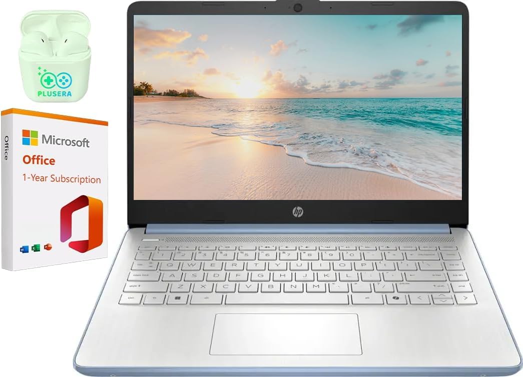 HP 14" LED Business &Student Laptop with 1-Year Office 365, 4GB RAM 640GB Storage (128GB UFS + 512GB SD Card), Intel Quad-Core N150 Processor, Windows 11 S, PLUSERA Earphones, Sky Blue
