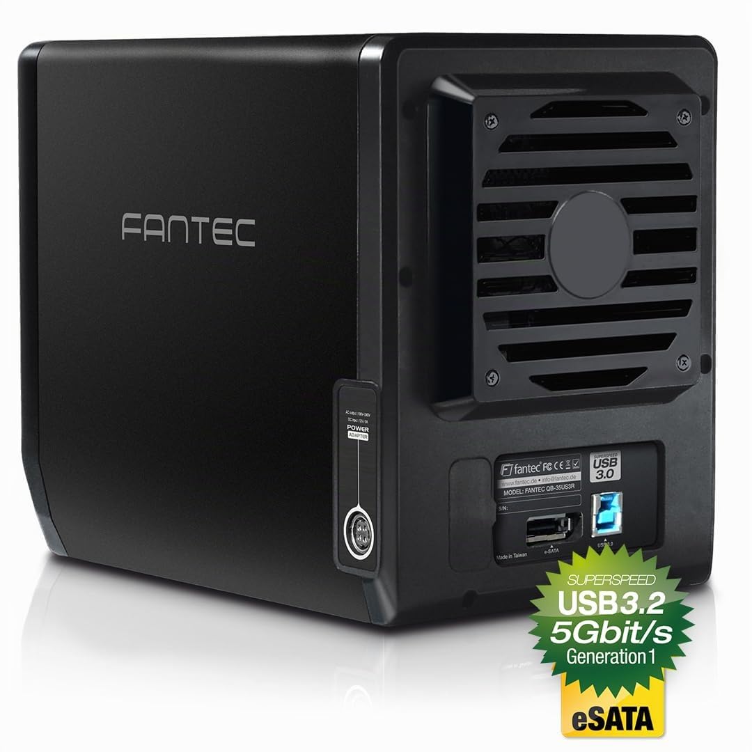 FANTEC QB-35US3R Boîtier pour quatre disques durs externes en RAID (montage de 4 disques durs SATA de 3,5" (8,89 cm), port USB 3.0 et eSATA, fonction RAID, ventilateur de 80 mm asservi à la température), noir