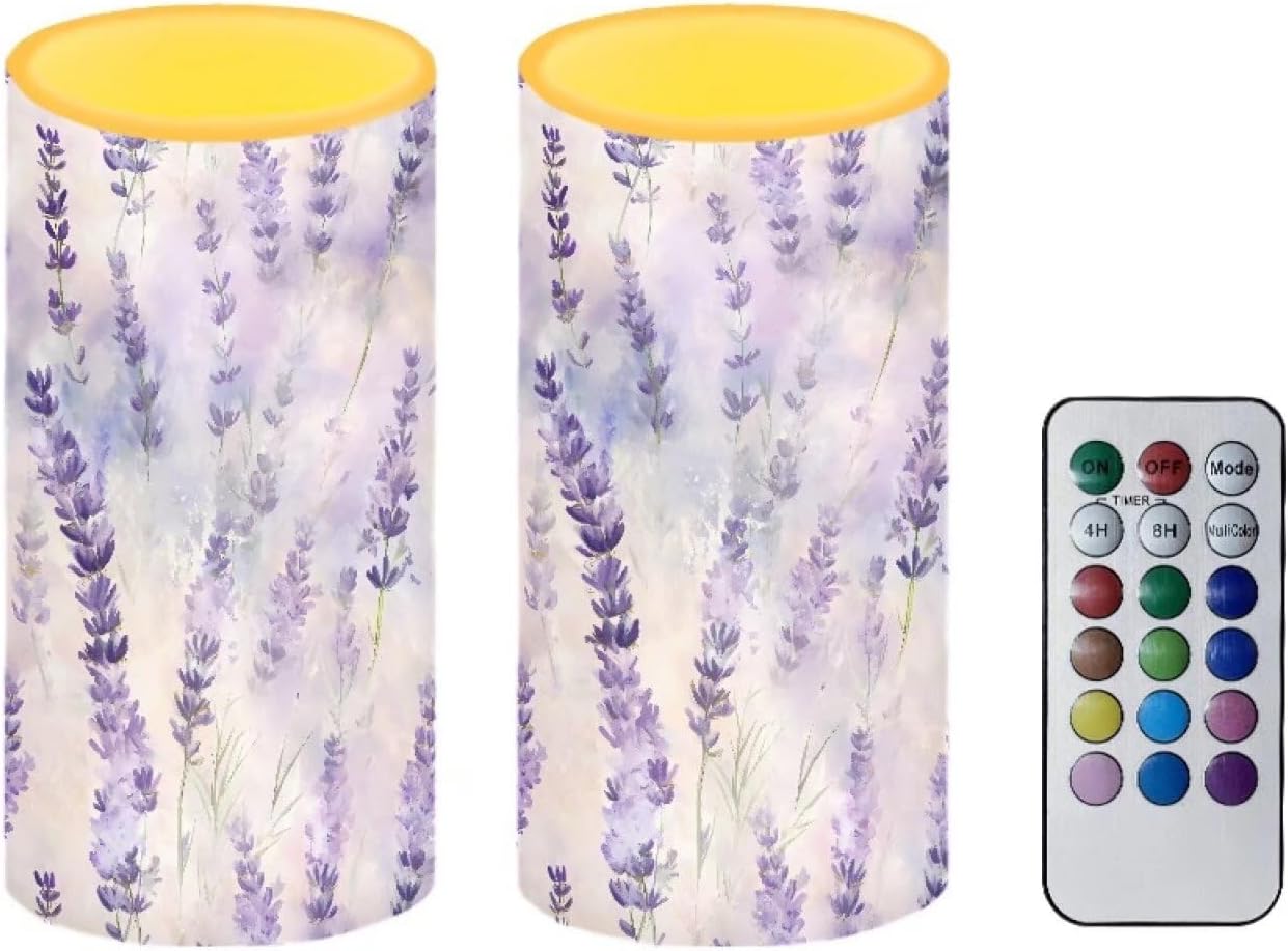 Flameless Candles Lavender Flower Battery Operated Candles Color Changing with Remote Timer Purple LED Fake Candles for Bedroom Living Room Home Decor 2 Pack D3 x H6