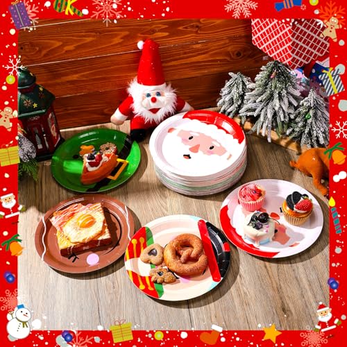 100 Pcs 9 Inch Christmas Paper Plates, Disposable Santa Red and Green Belt Dessert Plates, Xmas Dinnerware Set Platters Table Decorations for Cake Salad Fruit Winter Party Supplies, 4 Styles – Image 4