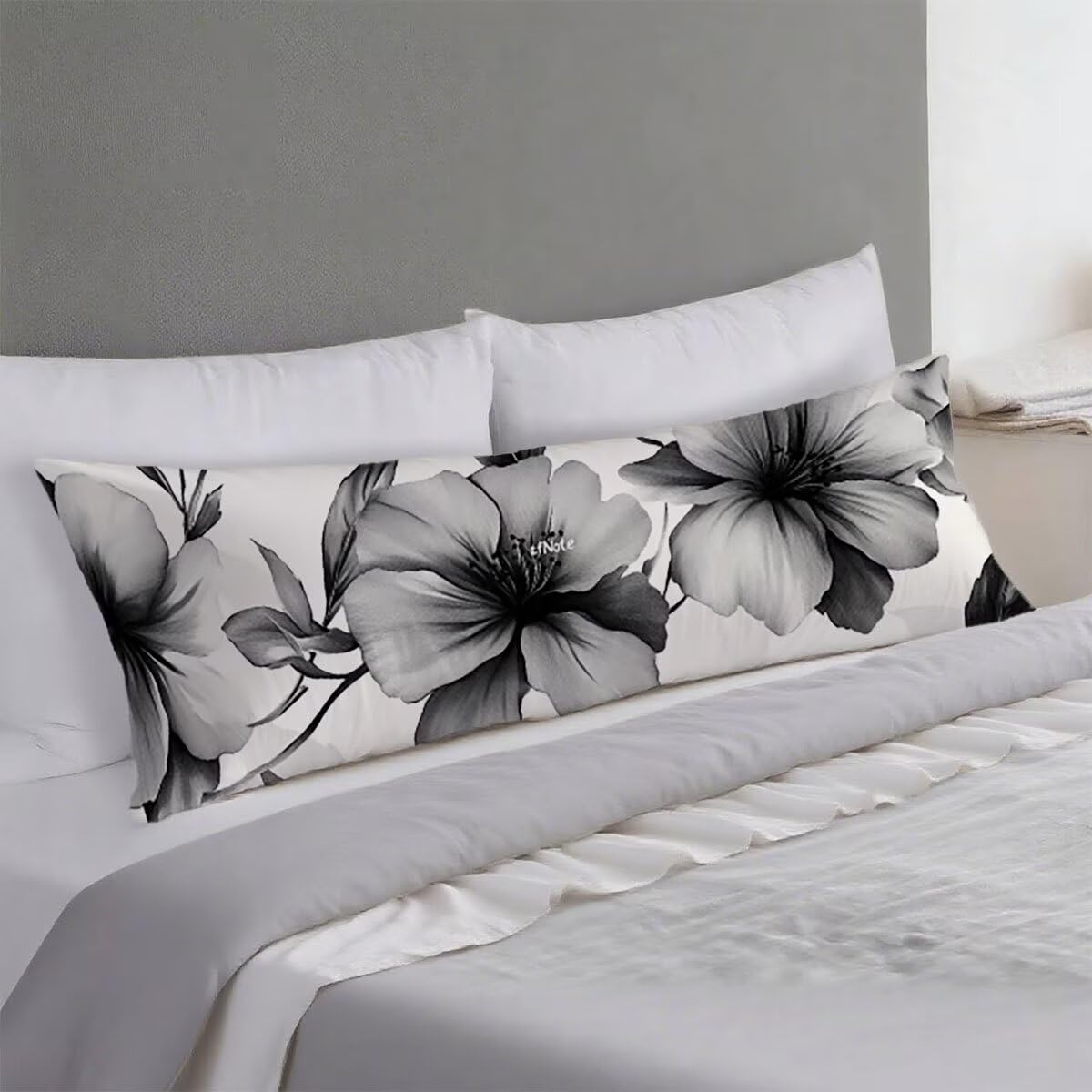 Seitenschläferkissen Bezug Grau Kissenbezug 60 x 180 Schwangerschaftskissen Blume, Leinen Atmungsaktiv und Weich Body Pillow, für Deko Wohnzimmer Sofa Kopfkissenbezug, Geschenke für Fraue T-9240
