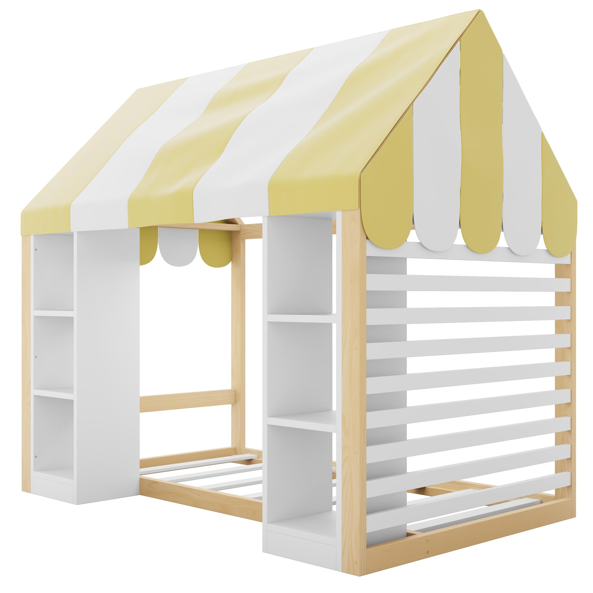Kinderbett Landhausstil, 90 x 200 cm, mit Himmelbett, offenem Stauraum vorne und Holzrahmen, Holzfarbe+weiß, Weiß+Natur