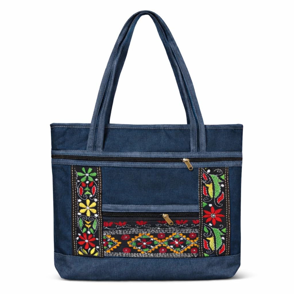 Women's Denim Tote Bag with Zip Closure & Front Pocket | Stylish Everyday Handbag-picture-48