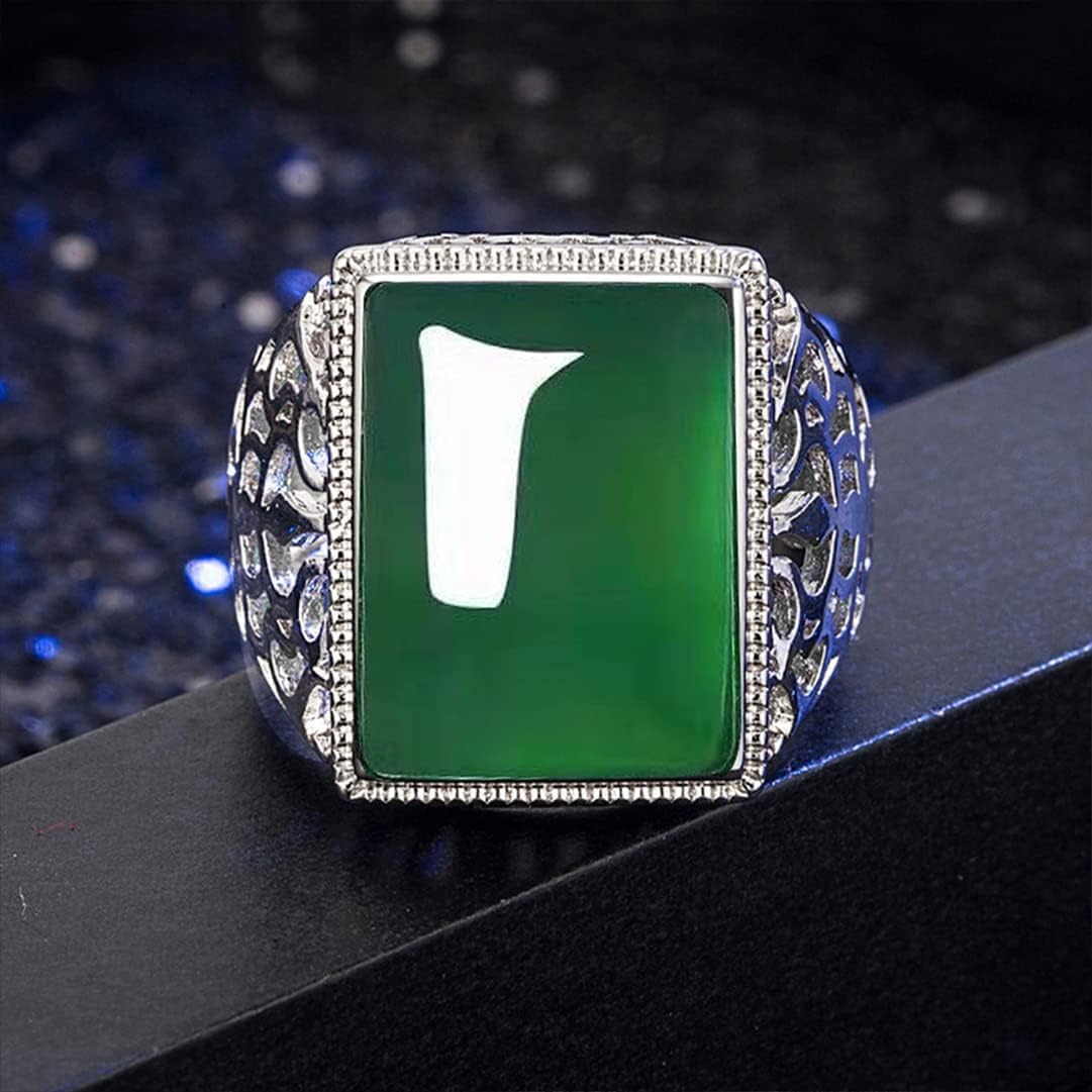 HAIXIAN Natural Agate Ring for Men, White Gold Plated Sterling Silver, Green Onyx Emerald Stone, Adjustable, Handmade Turkish Jewelry - Image 6
