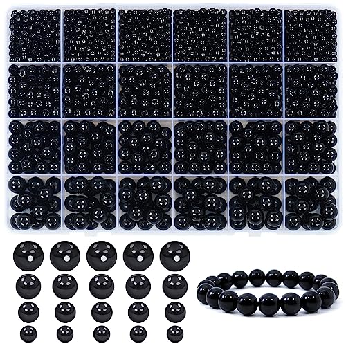 Dotilili Glass Pearl Beads 1890 Pcs Black Beads for Crafting Eyes 4/6/8/10mm Round Spacer Beads with Holes Plastic Loose Beads for Jewellery Making DIY Bracelet Necklace Knitting Decorations (Black)
