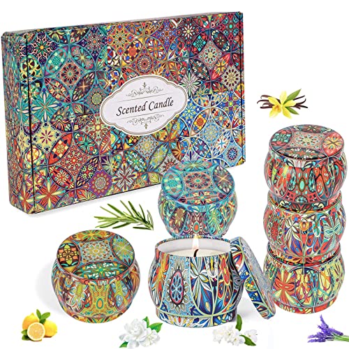 TOJUNE 6 Pack Scented Candles Gift Set 130g x 6 Pure Natural Soy Wax, Portable Travel Aromatherapy Tin Jar DIY for Thanksgiving, Christmas, Valentine's, Mother's Day, Birthday, Women & Mom