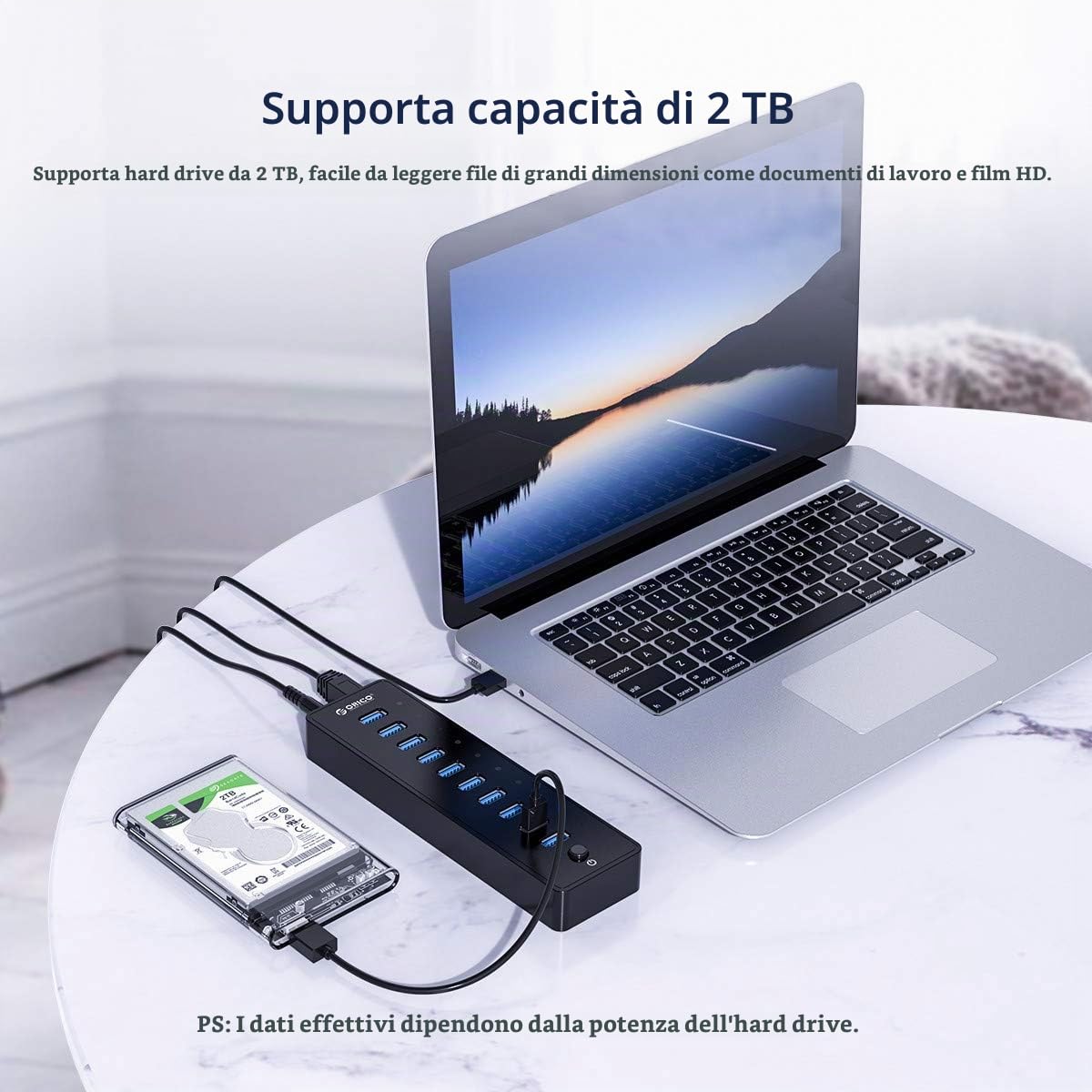 ORICO 10 Portes Hub USB 3.0 con Interruttore di Alimentazione e Adattatore di Alimentazione 45W (12V4A), Hub Dati a 5 Gbps di Alta Velocità per PC Desktop Computer Notebook MacBook iMac