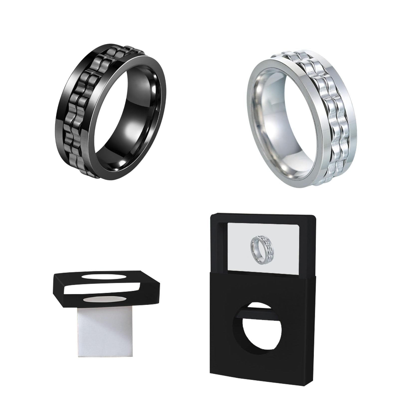 Vauki 2 pierścienie Fidget Ring dla dorosłych, antystresowe, pierścionki fidget w kolorze czarnym i srebrnym, redukujące stres i przeciwlękowe, prezent dla mężczyzn i kobiet, przeciw lękowi i