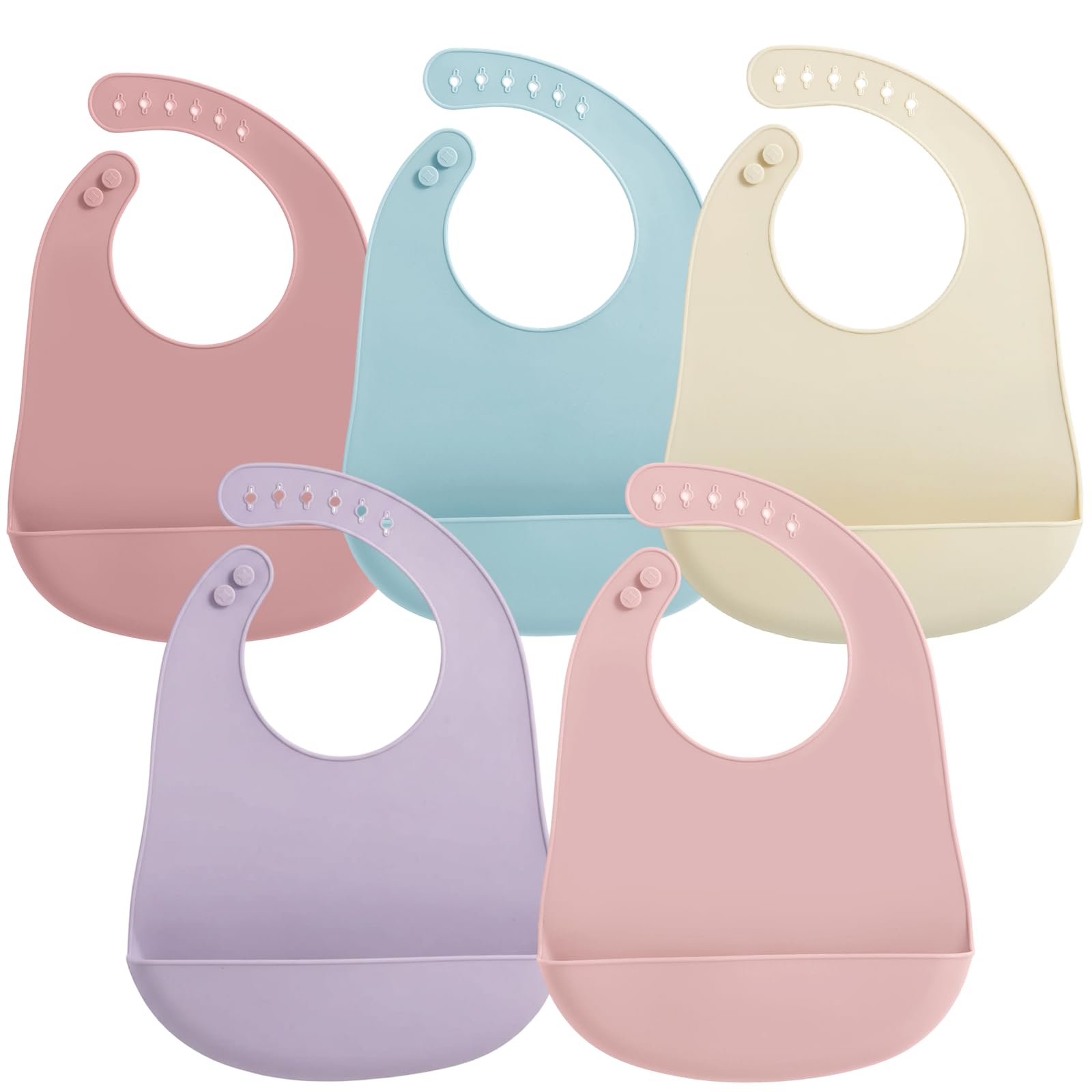 PandaEar 5 Pack Silicone Bibs for Babies & Toddlers, Adjustable Toddler Bibs 6-12-18 months for Weaning, Waterproof Baby Feeding Bib with Large Pocket Food Catcher, BPA Free
