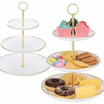 Pack of 2 Cake Stands White Gold 3 Tier Cake Stand Elegant Cupcake Stand Muffin Stand for Wedding Party Birthday Cake Stand Vintage for Desserts Cookie Pastry Tiered Serving Tray
