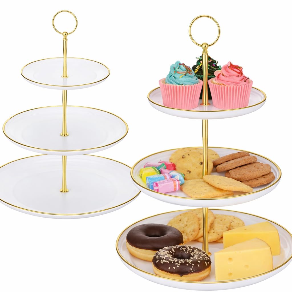 2 Stück Etagere Weiß Gold 3 etagen Kuchenständer Elegante Cupcake Ständer Muffin ständer für Hochzeit Party Geburtstag Etagere Vintage für Desserts Cookie Gebäck gestuftes Serviertablett