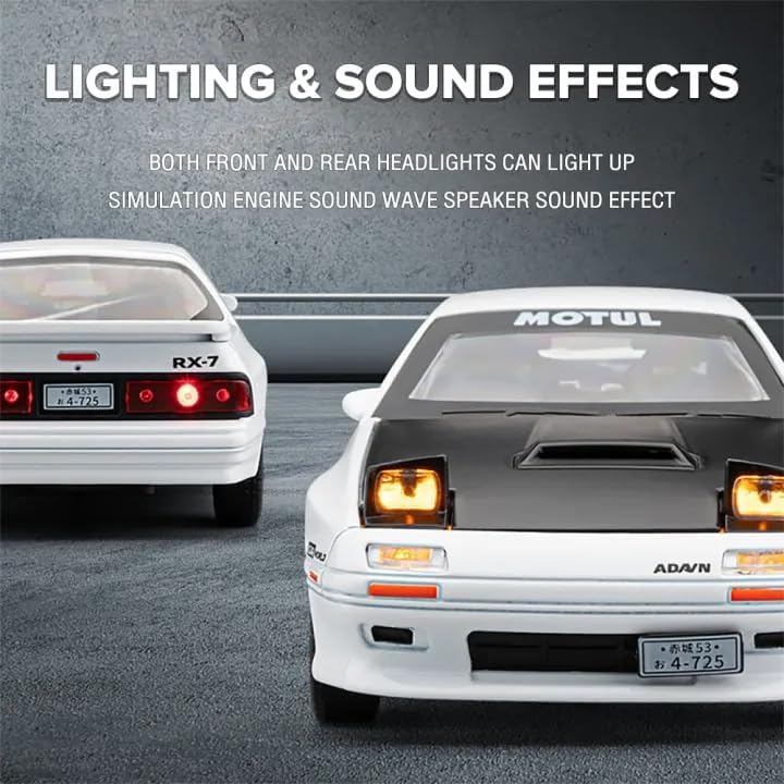 Image of WORSHIPER 1:32 Scale Mazda RX-7 Diecast Model Car with Sound & Light, Alloy Pull Back Toy Car, Openable Doors, Collectible Mini Car Gift for Kids Boys Girls (1:32 Mazda RX-7[White])