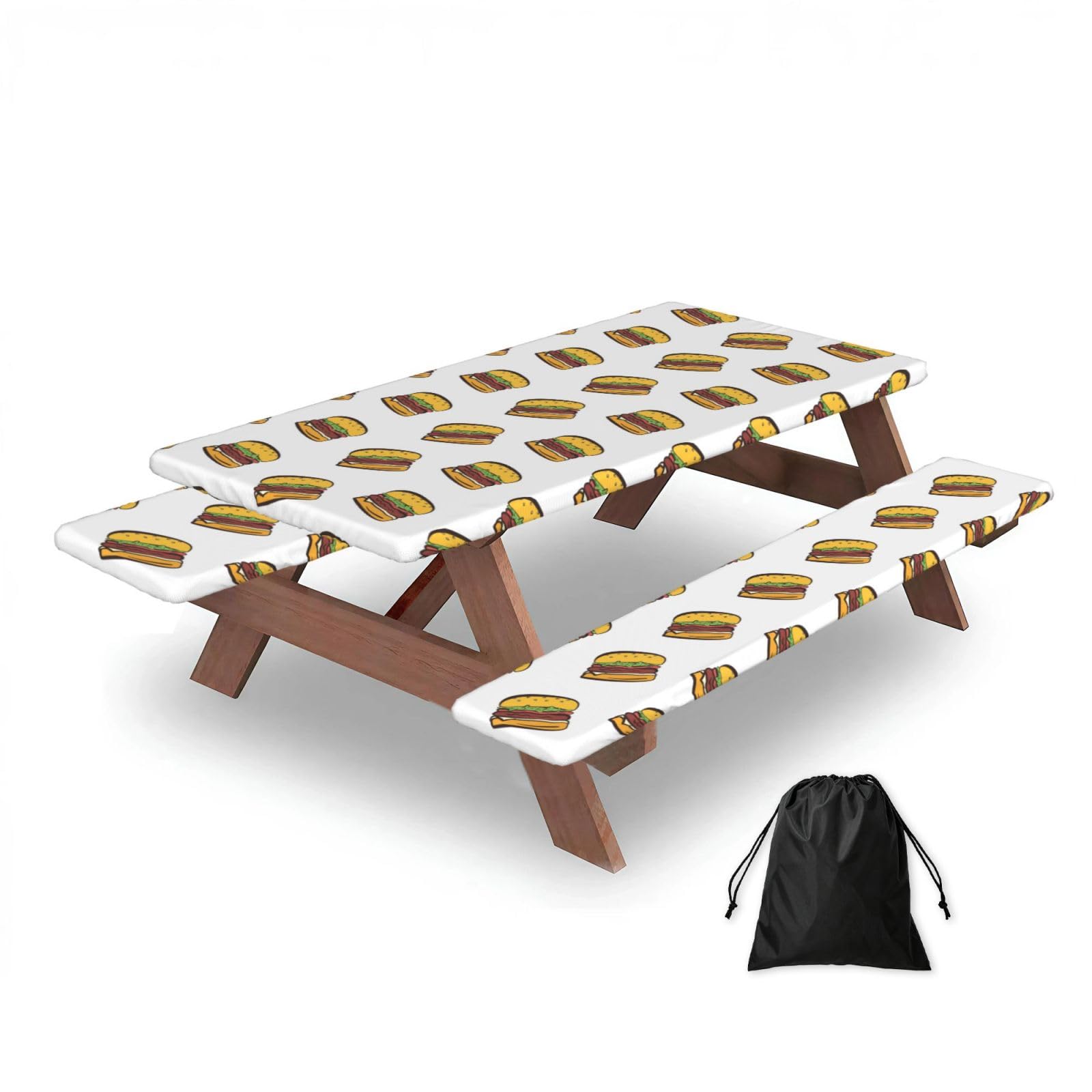 Dopklna As Picture Hamburger Cartoon Cute, Picnic Table Cover With Bench Covers -Waterproof Elastic Fitted Tablecloth For Garden Camping Patio 76X152cm
