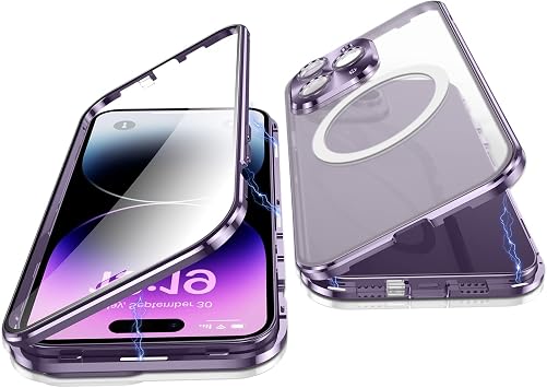 Case for iPhone 14 Pro, 360 Degree Double-Sided Protection Compatible with Magsafe Magnetic Adsorption Metal Bumper Front Tempered Glass Back Frosted PC Cover for 14 Pro 6.1" Deep Purple