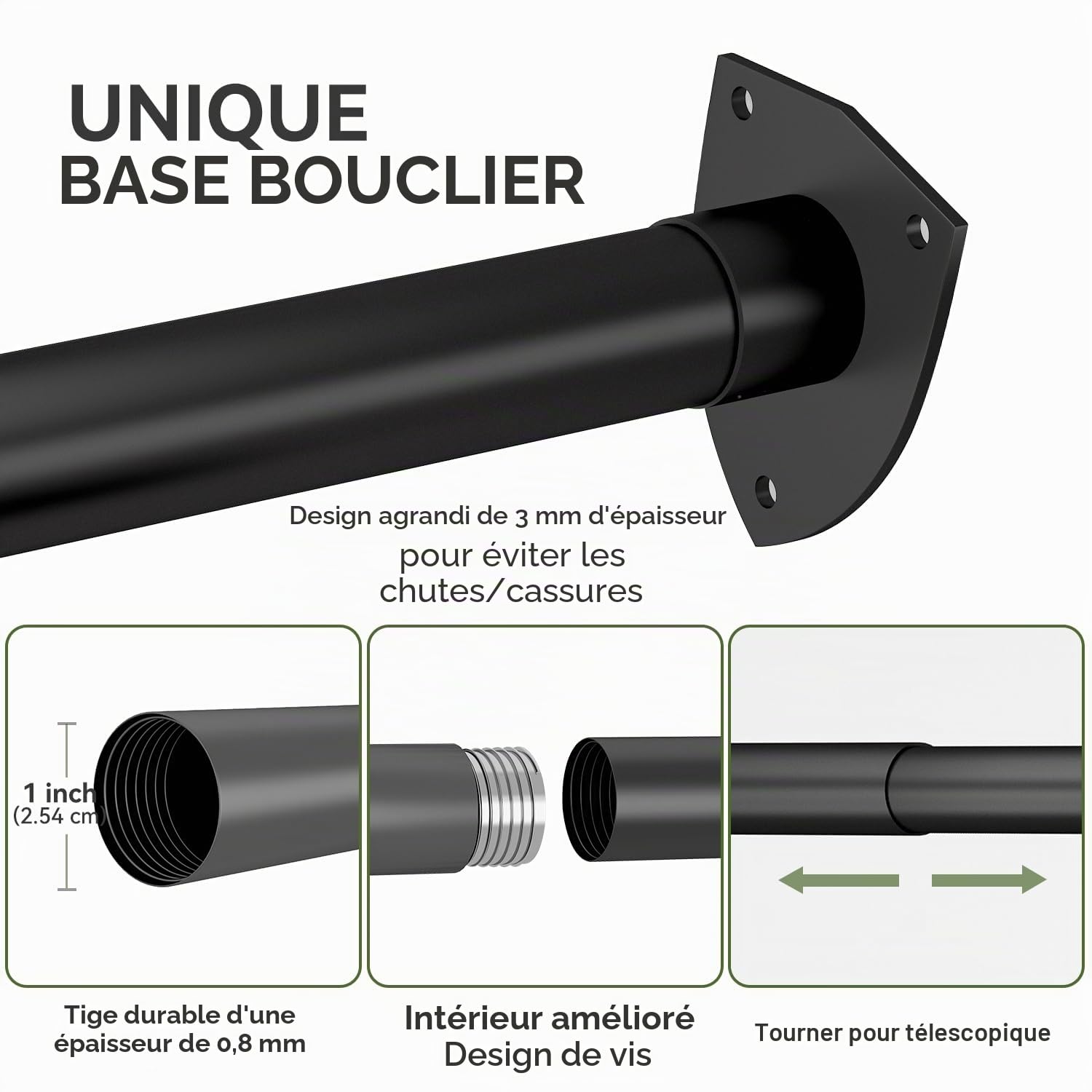 Tringle à rideau de douche en forme de U, barre de douche d'angle avec 12 anneaux de rideau et support de plafond pour baignoire/salle de bain, montage par perçage requis [Deux côtés : 60 cm - 132 cm
