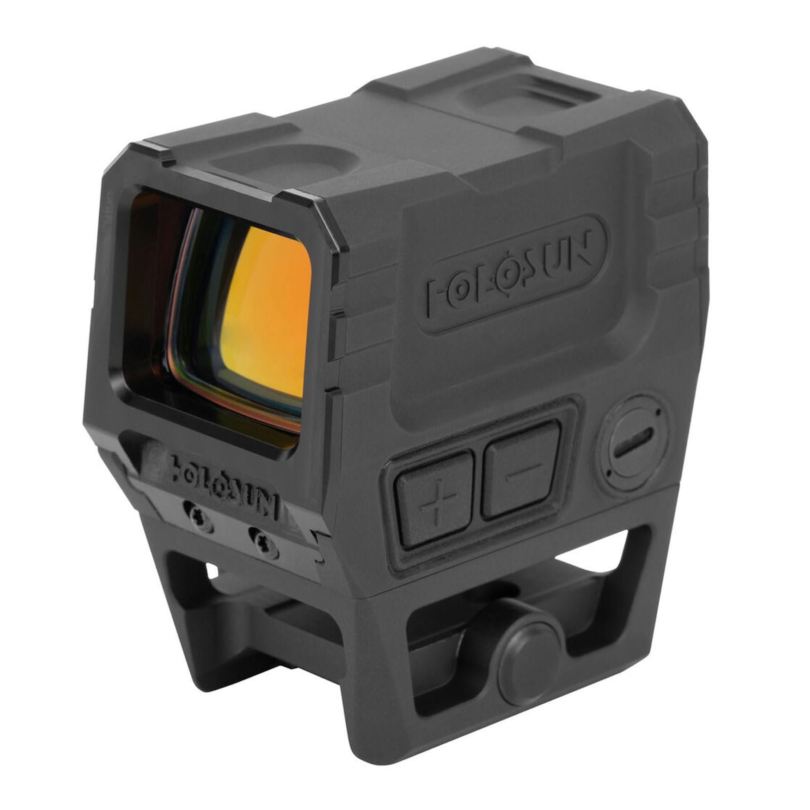 Holosun AEMS X2 PRO/CORE Series optic, angled view, showing the overall compact design and mounting base.