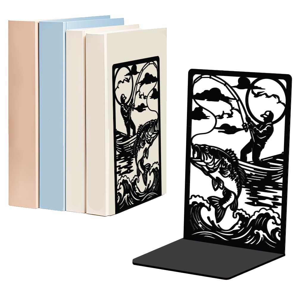 WADORN 1 Pair Fisherman Fishing Metal Decorative Bookend for Shelves, Heavy Duty Book Ends Modern Non-Skid Books Holder Stand Book Support Stoppers for Home Office Desk Bookshelf, 5.3x4.3x7.8 Inch