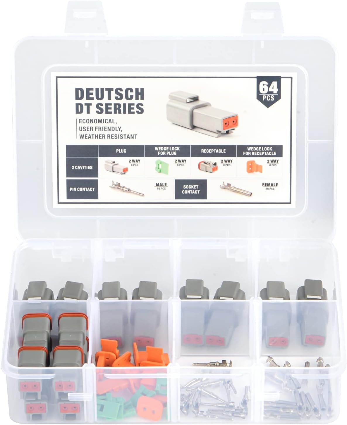 2 Pin Way Deutsch DT Gray Connector Assortment(8 Pairs), Size 16 Stamped Contacts, Auto Electrical Wiring Connectors