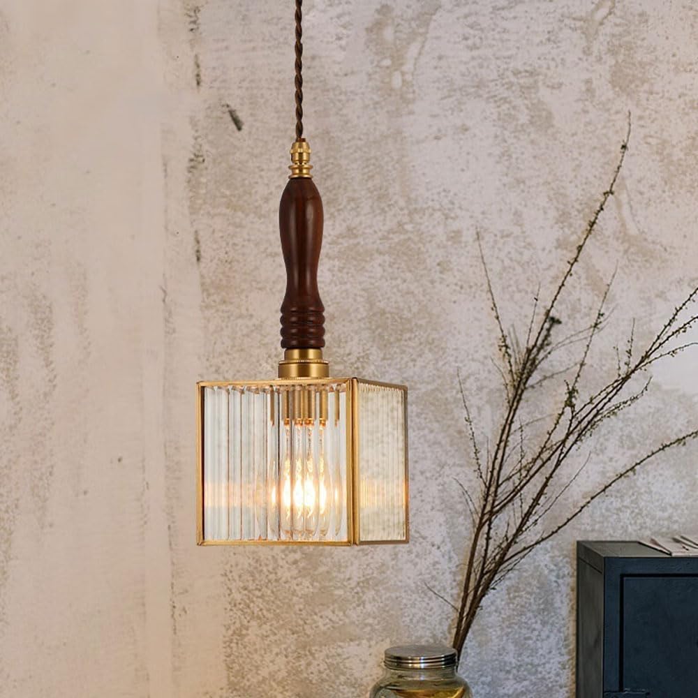 Lustre pour îlot de cuisine suspension verre rétro et bois de noyer