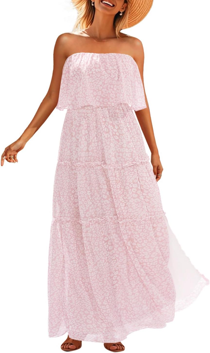 Women Strapless Summer Dress - Boho Chiffon Maxi Beach Side Split Tiered Long Sundresses