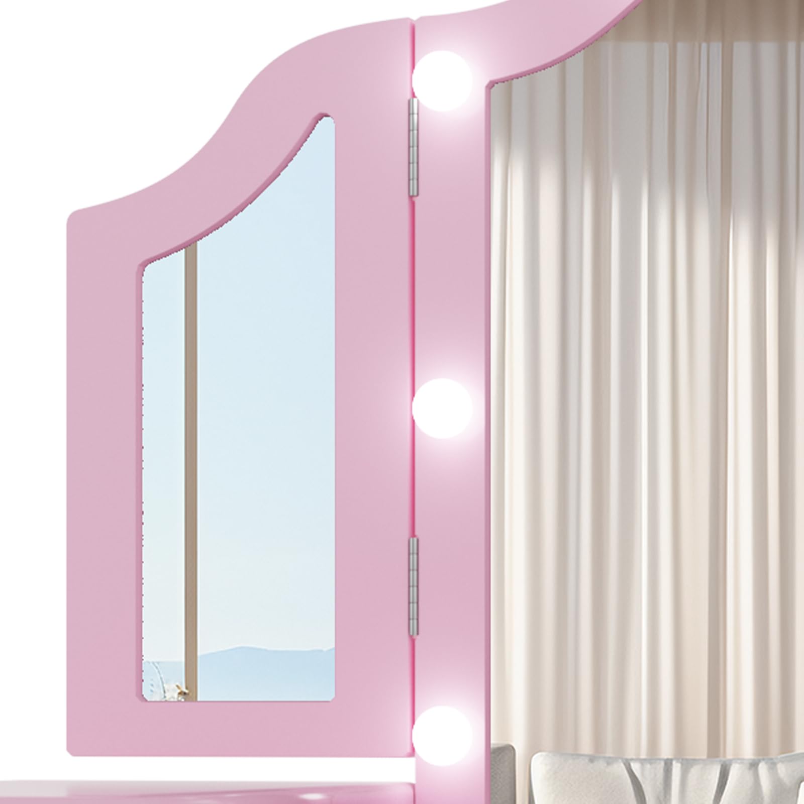 Set di tavolo e sedia da trucco principessa per ragazze, scrivania in legno per bambini con specchio illuminato pieghevole in tre parti, cassetto portaoggetti, piano staccabile, sedia con