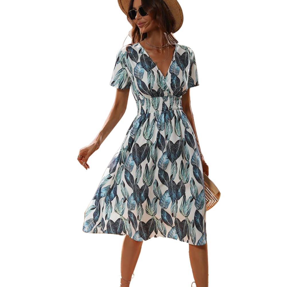 XIVISTO Vestido de Verano para Mujer Midi Floral Casuales Cuello en V Elegante Manga Corta Cintura Elástica Vestido Playa