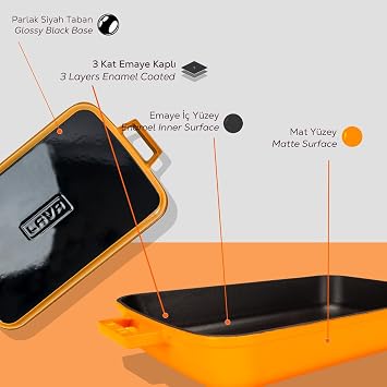 Lava Spring Series - Cast Roast and Oven Tray, Rectangular, 26x40 cm, Matte Enamel, Glossy Black Base, Orange
