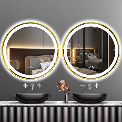 Miniatura 7 de Espejo de tocador redondo dorado de 24 pulgadas con luces, marco dorado, espejo redondo iluminado para baño, círculo de pared, espejo LED redondo