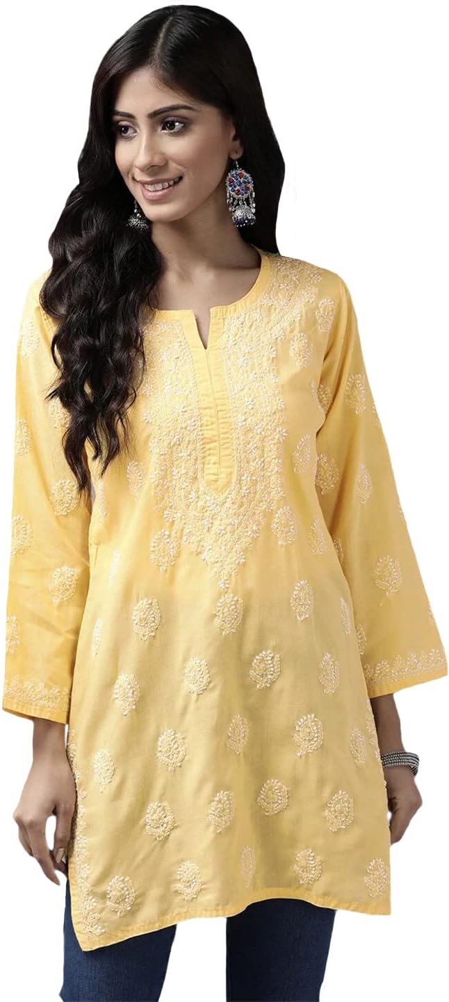 Hand Embroidered Indian Clothing Chikankari Women's Cotton Top Tunic Shirt Kurti A210717