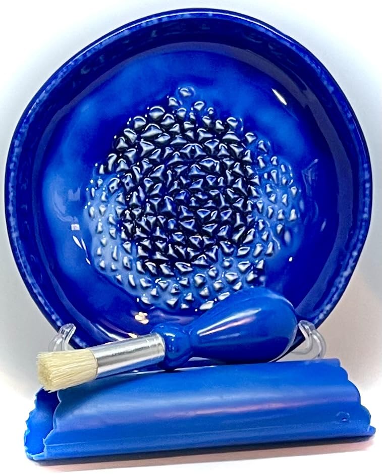 All-in-one 4pcs Premium Ceramic Garlic Grater Set, Blue Glazed Design Grater w/Garlic Peeler, Gathering Brush, Display Stand, It's also grating Turmeric, Ginger, and more,.G-513