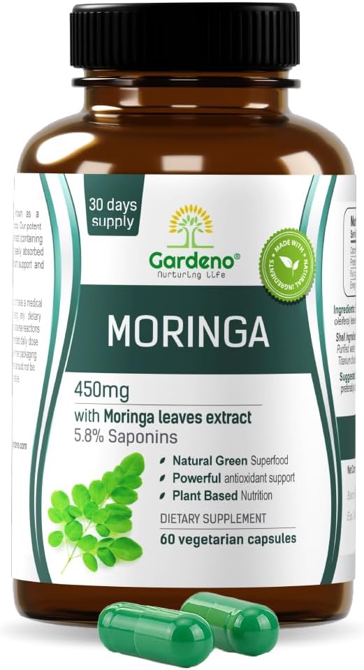 Gardeno Moringa Capsules 450 mg, 60 Veg Capsules | 5% Saponins Standardized Moringa Leaf Extract | Rich in Antioxidants, Essential Vitamins & Amino Acids | Immunity, Blood Sugar Support
