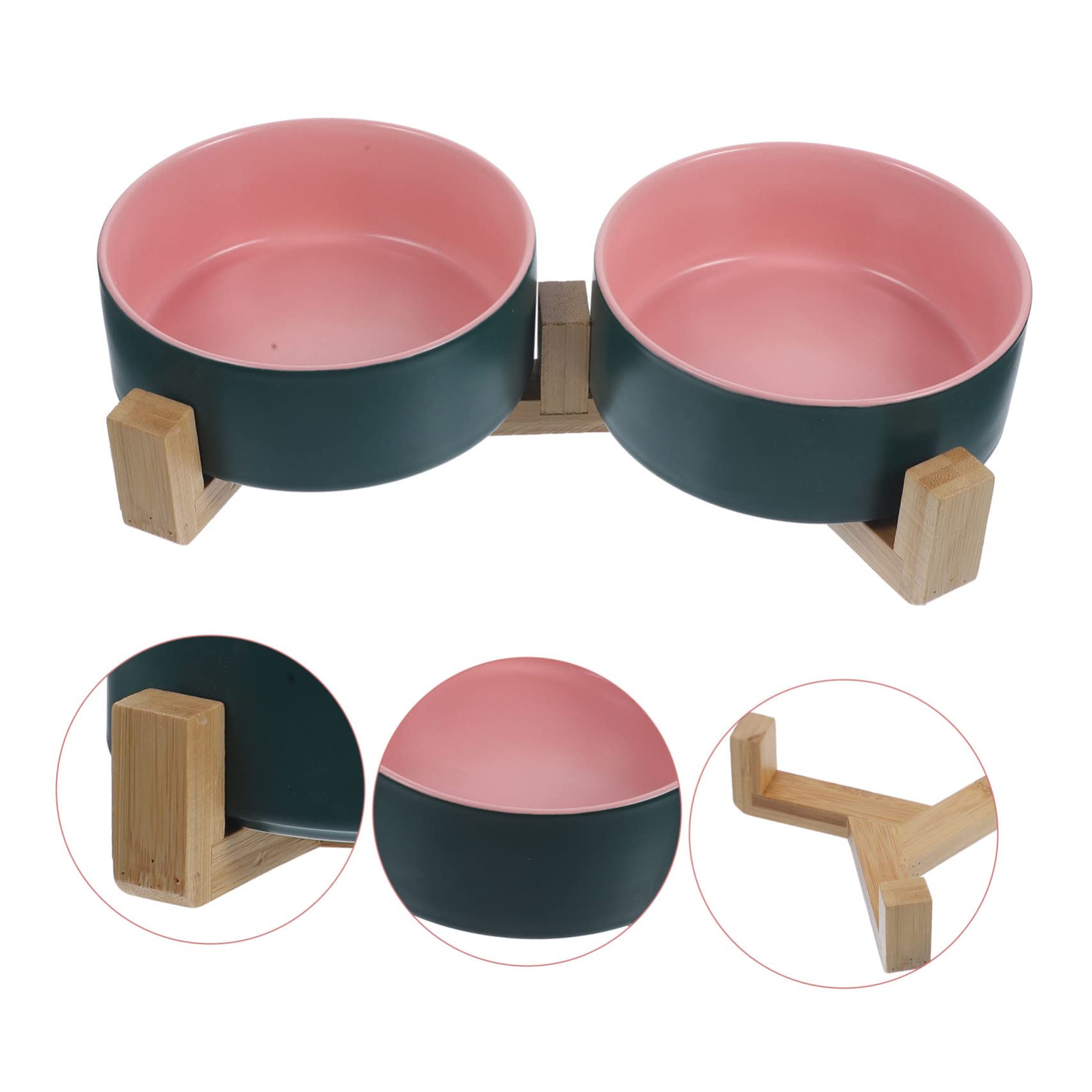 Toyvian Keramik Katzennapf mit Rutschfestem Holzständer Doppelte Futterschalen in Grün und Rosa Abnehmbar und Leicht zu Reinigen Kleines Haustier Futterbehälter für Katzen und Kleine