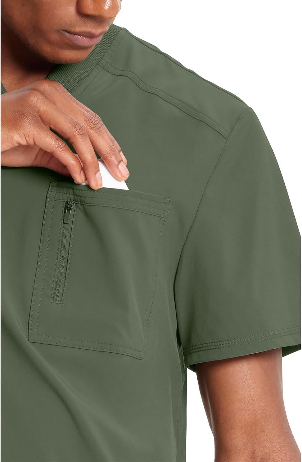 Cherokee Infinity Mens Tuckable V-Neck Scrub Top Modern Fit, 2 Pockets, Zip Chest Pocket, Rib-Knit, 360° Stretch – CK910A - Image 5