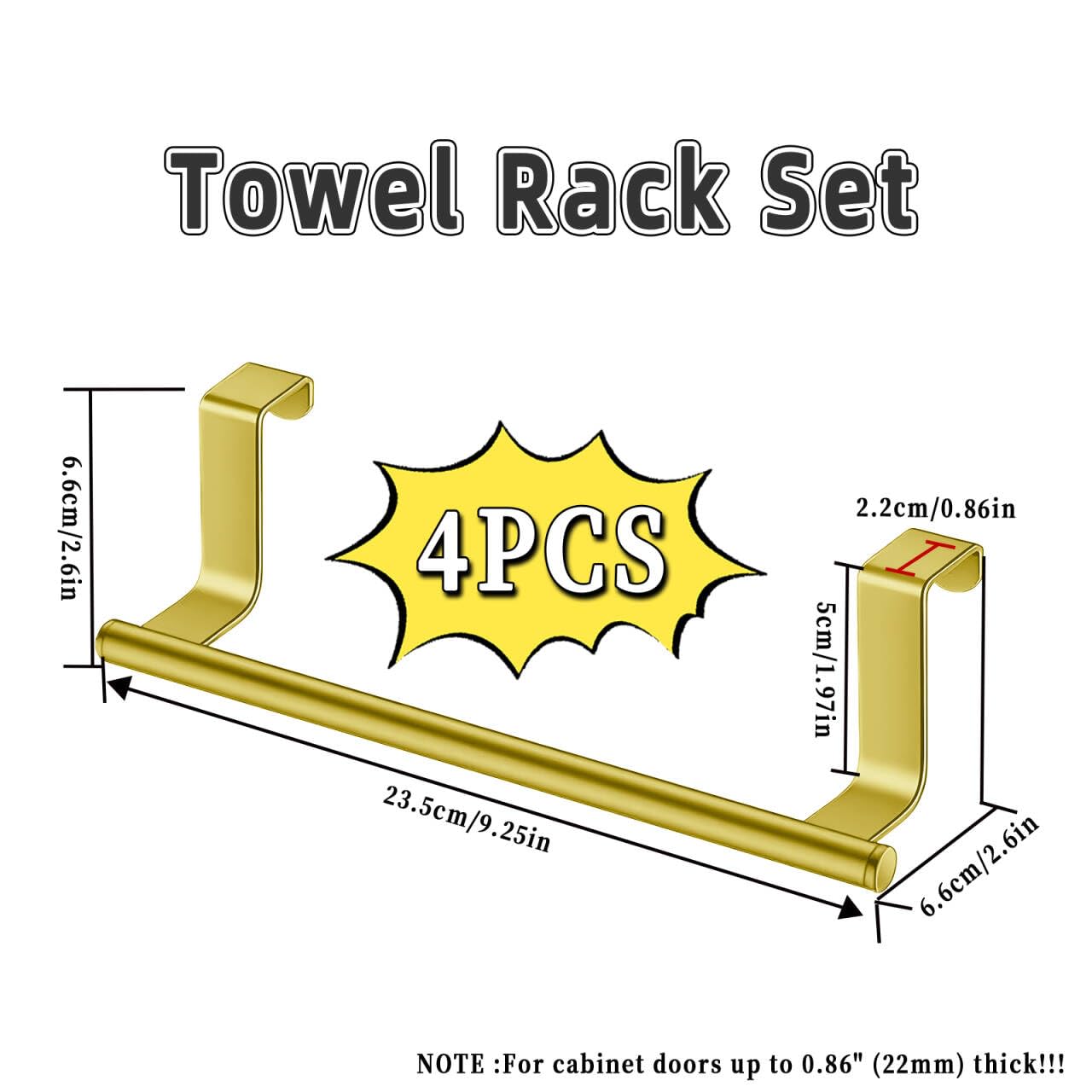 Yimy 4 Pack Over Door Towel Rack, Stainless Steel Cabinet Towel Bar, 9 Inch Over Cupboard Door Towel Holder, Hand Towel Rack Hanger with Anti-Slip Pads for Bathroom Kitchen Cabinet Door (Gold)