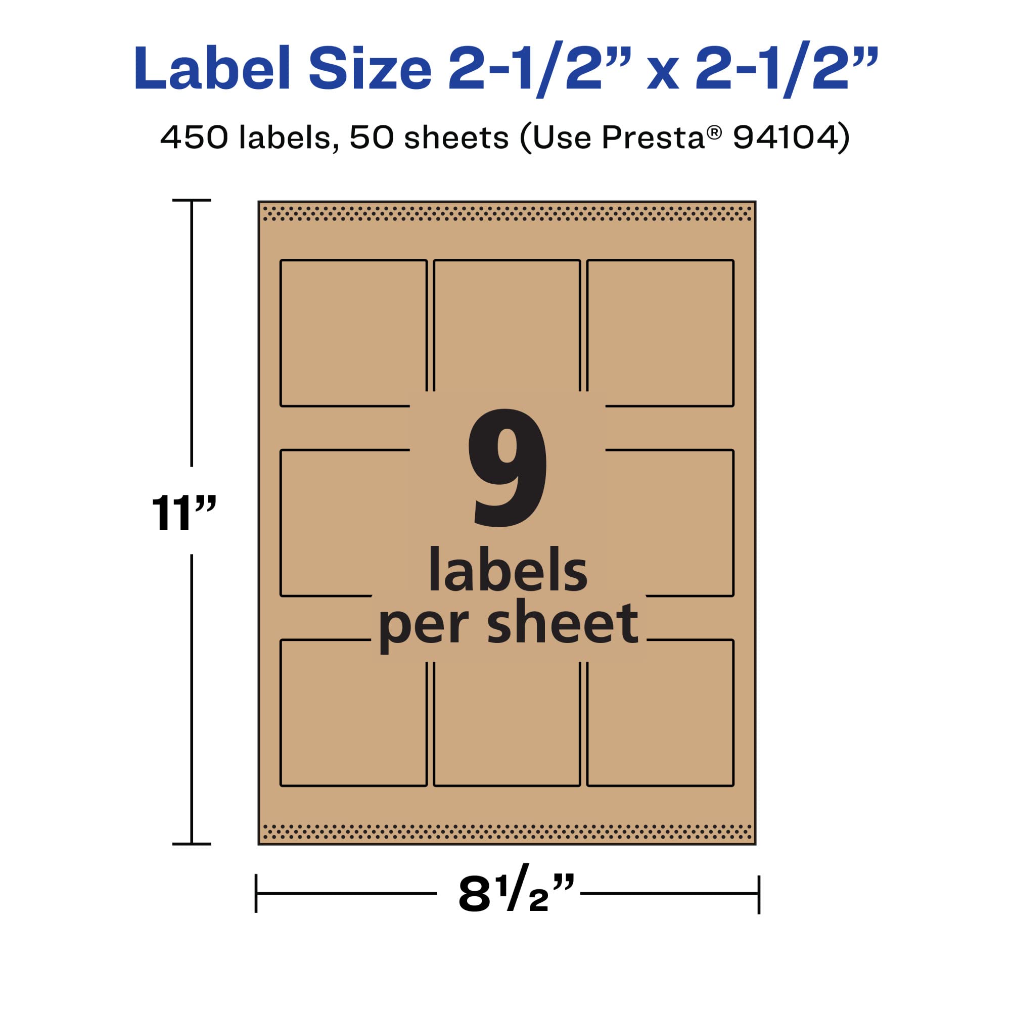 Avery Etichette quadrate in carta kraft marrone con alimentazione sicura, 6,3 x 6,3 cm, 450 etichette marroni Kraft, etichette stampabili a laser e a getto d'inchiostro