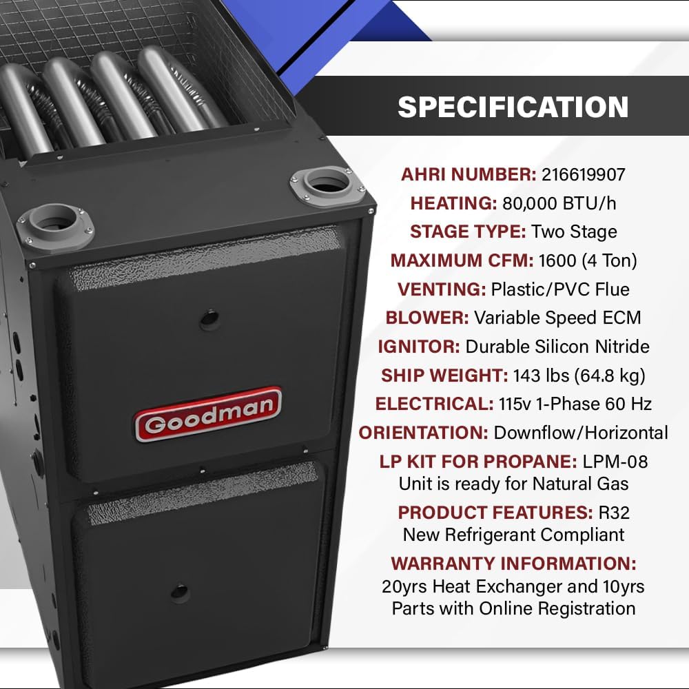Goodman 96% 80,000 BTU Two Stage Gas Furnace - 21" Width - Downflow/Horizontal | R32, Variable Speed, HVAC Gas Heater