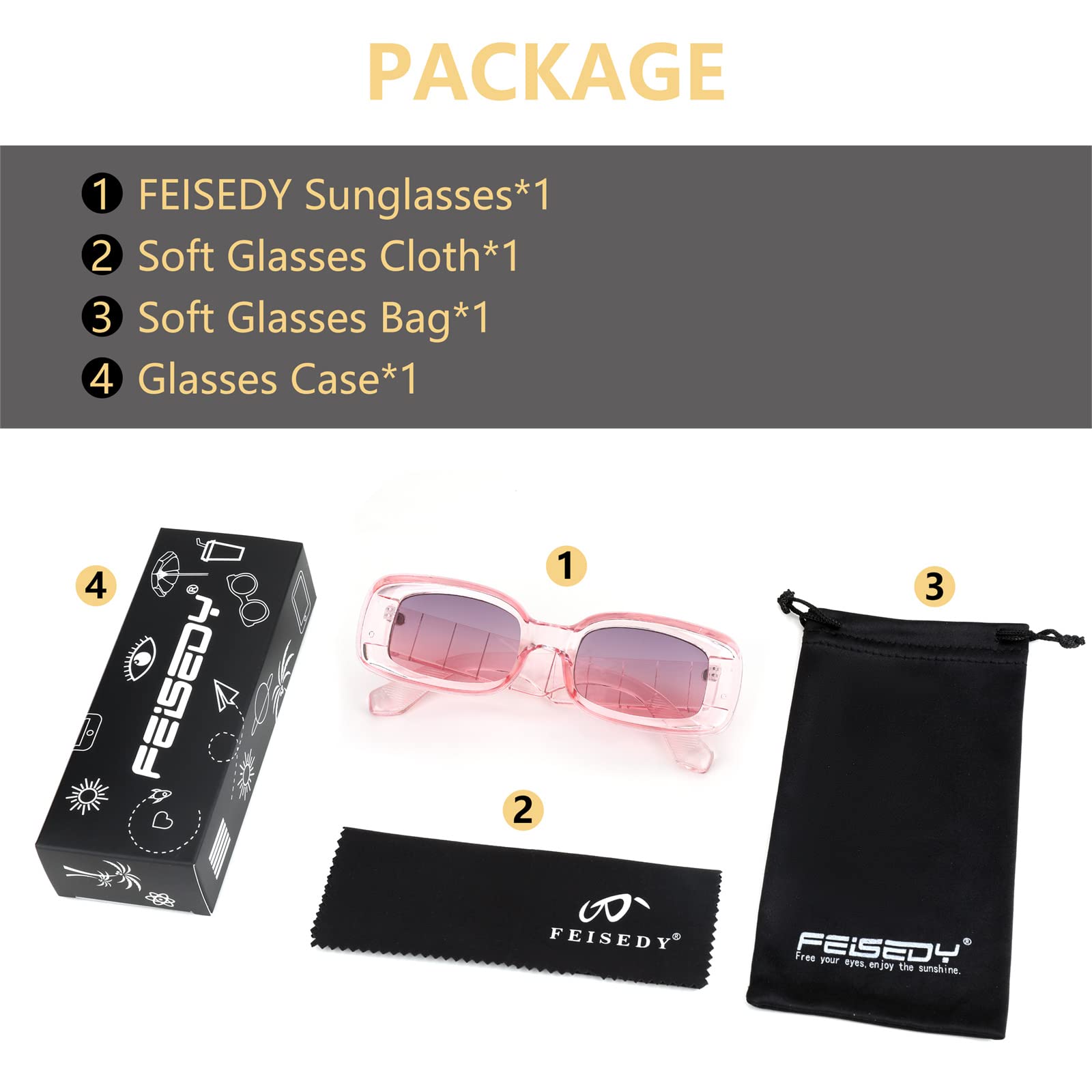 FEISEDY Retro Thick Rectangle Sunglasses Retro 90s Small Chunky Square Women Men B2307