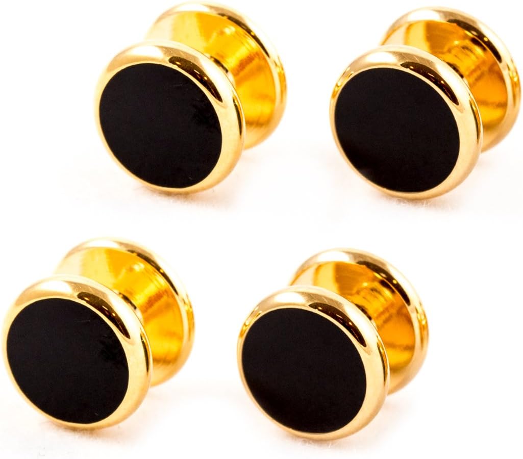 Cuff-Daddy 4 Gold Black Shirt Studs Set in a Velour Pouch - Perfect for Tuxedo Groomsmen Groom Wedding Party