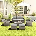 GYUTEI 6 Piece Outdoor Patio Funiture Set,Outdoor Sectional Recliner Sofa Modern High Back Wicker Seating with 2 Ottomans,All Weather Cushions and Storage Table (Grey)