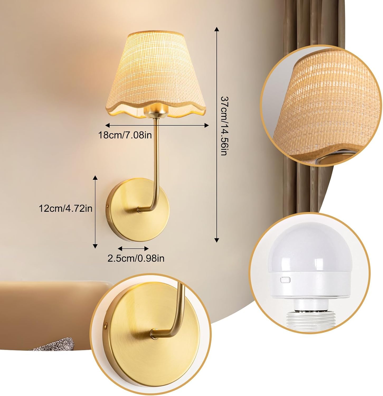 Lampada da parete boho lampada da parete vintage senza fili, dorata dimmerabile 3CCT+RGB con telecomando lampada da camera da letto a batteria LED con ricarica USB lampada da comodino in rattan