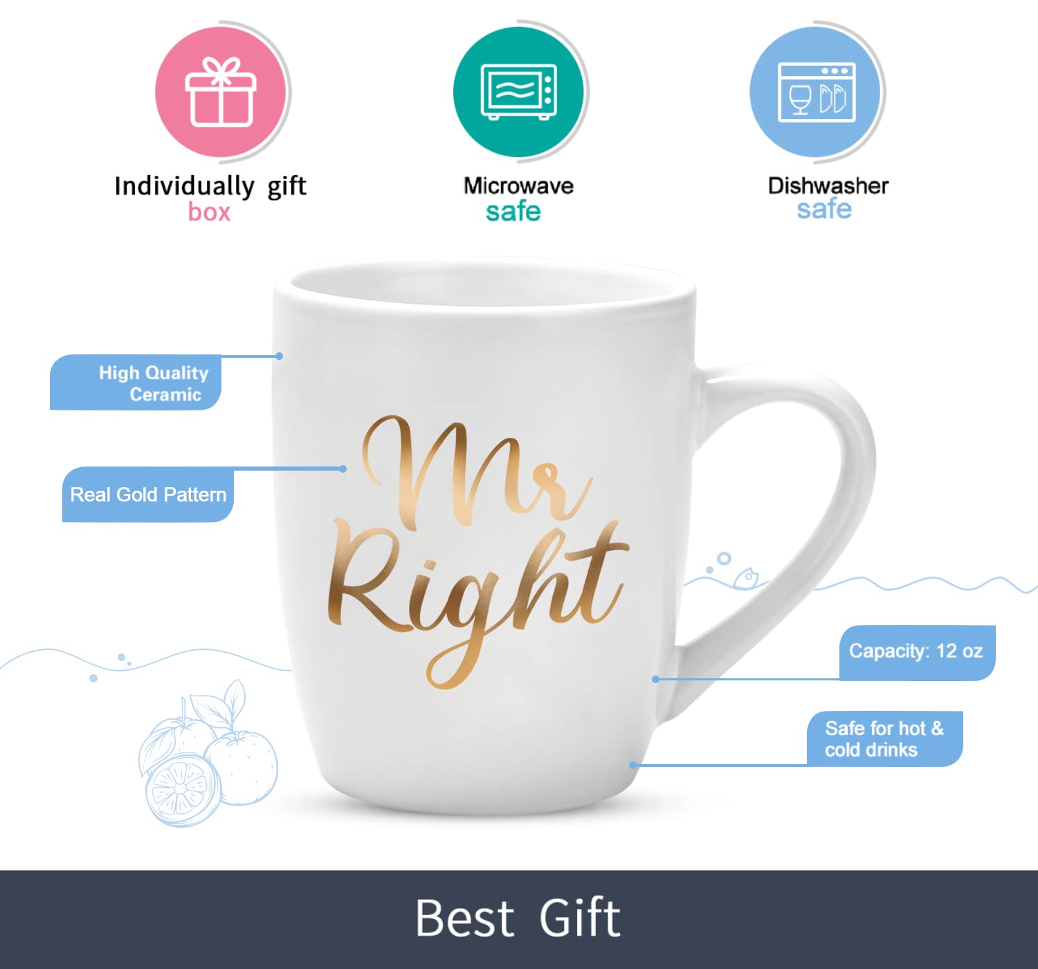 Mr Right und Mrs Always Right - Set di 2 tazze da caffè per sposi, regalo per matrimonio, San Valentino, Natale, anniversario, compleanno, 320 ml