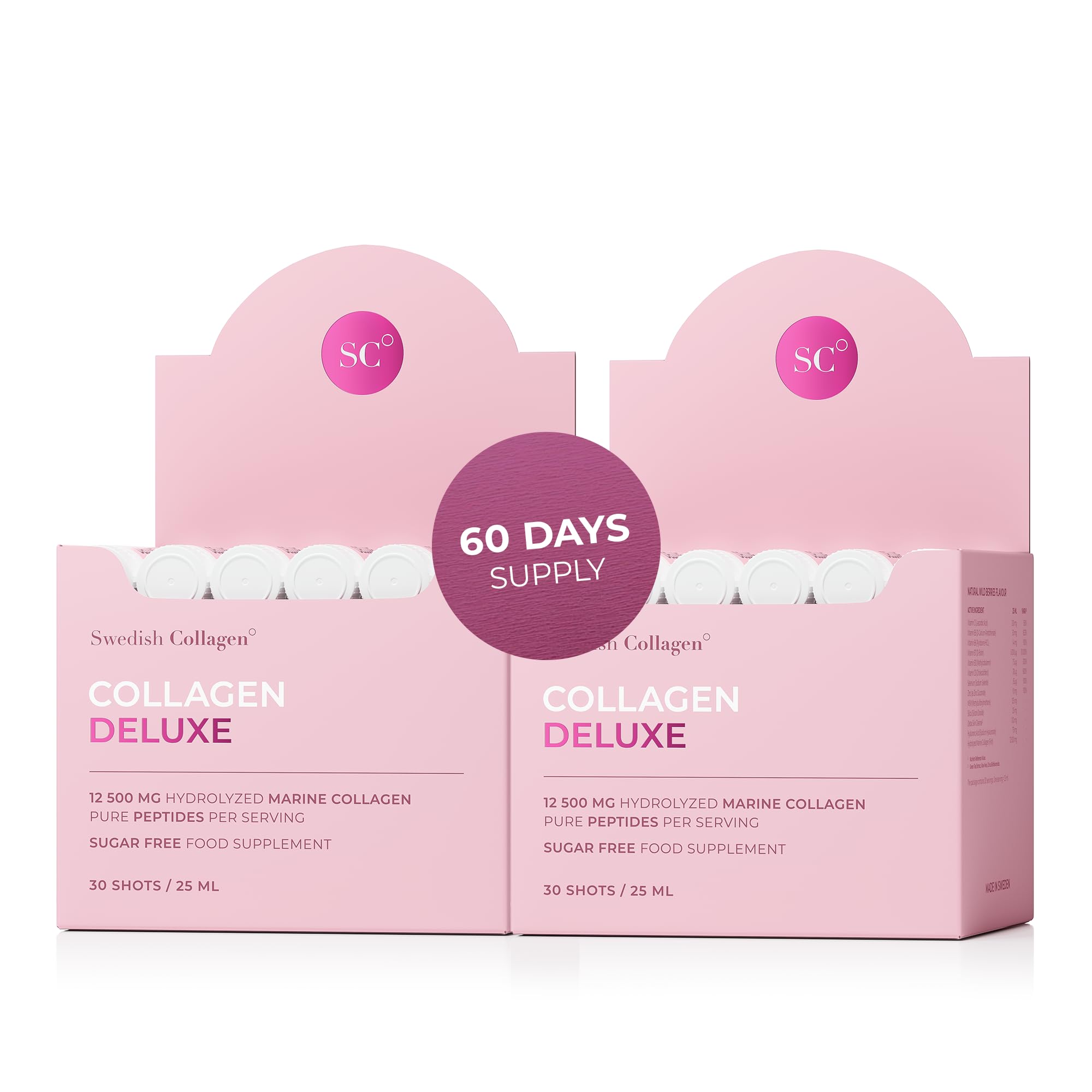 Swedish Collagen Deluxe 12 500 mg Hydrolyzed Marine Collagen Liquid Supplement - 60 x 25 ml Daily Shots
