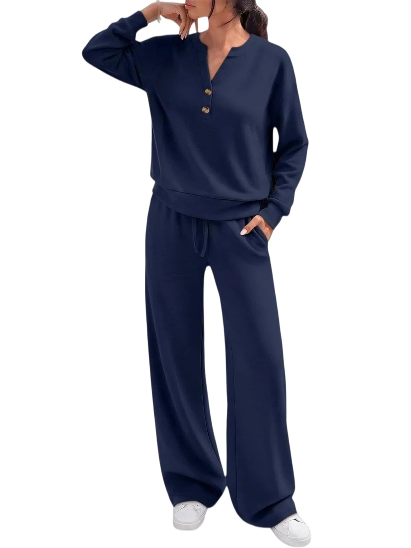 Generisch Conjunto de salón para mujer de dos piezas Henley con cuello en V