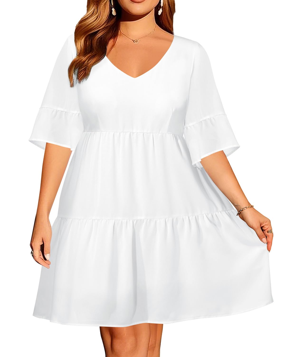 Pinup Fashion Plus Size Summer Babydoll Tiered Casual V-Neck Short Dress