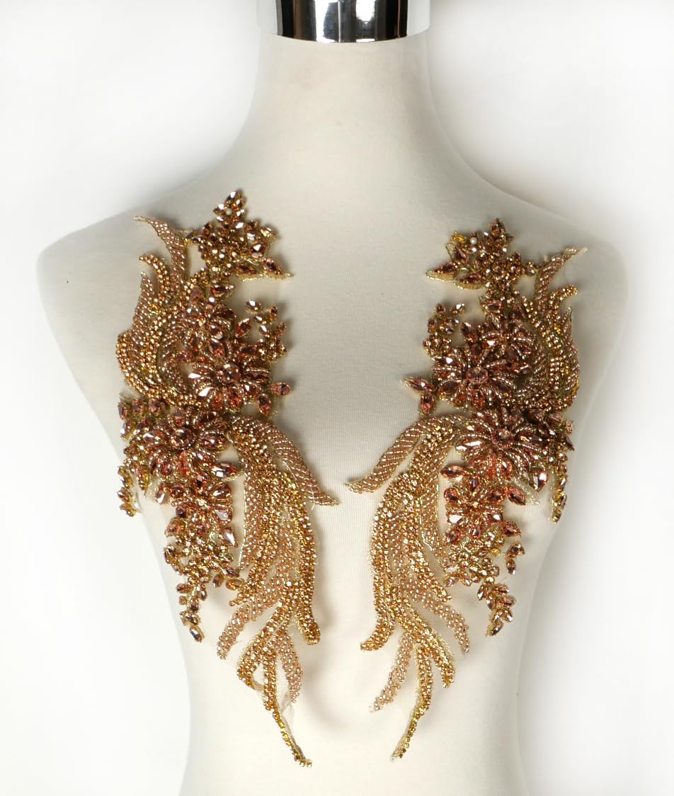 Pair Hand-Made Beaded Rhinestones DIY Appliques (Rose Gold)