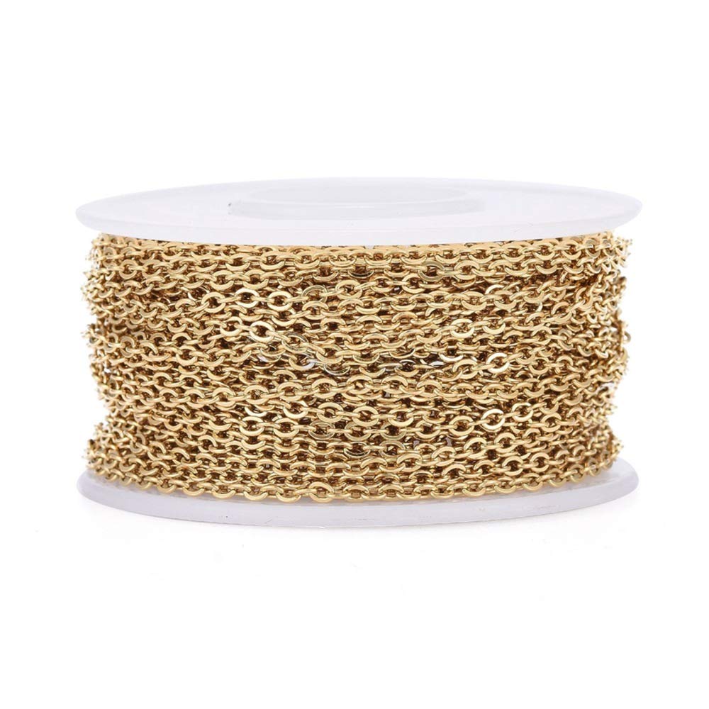 Clotiry 32.8 Feet Stainless Steel Flat Oval Twisted Chains 10 M Golden Cable Chains with Spool for DIY Jewellery Making Necklace Bracelet Crafts