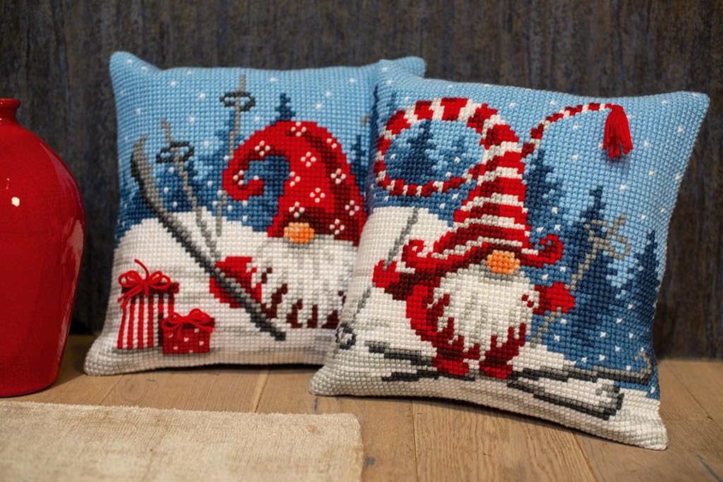 VERVACO Punto De Cruz Kit Cojin Decorativo DUENDE DE NAVIDAD EN ESQUÍ Manualidades Adultos Decoracion Bordar Kit Principiantes Completo DIY Bordado Creativo Regalo ca. 40x40 cm Cross Stitch